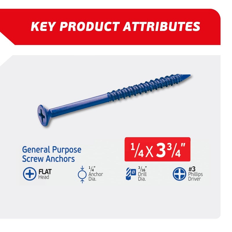 FixMaster 1/4 x 3-3/4" Countersunk Phillips Flat Head Blue Concrete Screw Anchors (100 pcs Screw Kit) with one Screwdriver and Drill Bit for Concrete, Masonry, Block, Brick and Wood Fastening - Image 2